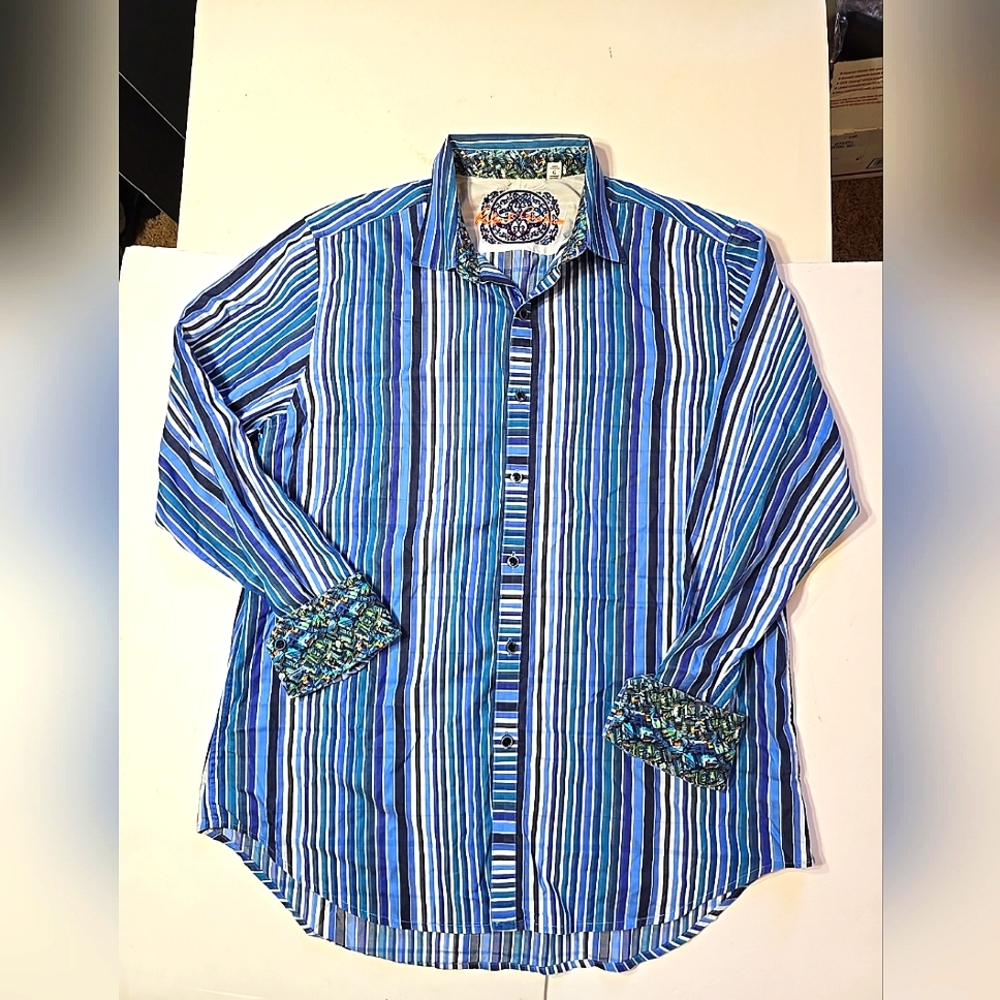 Robert Graham Mens Blue Stripe Button Down Flip Multicolor Cuff Size L